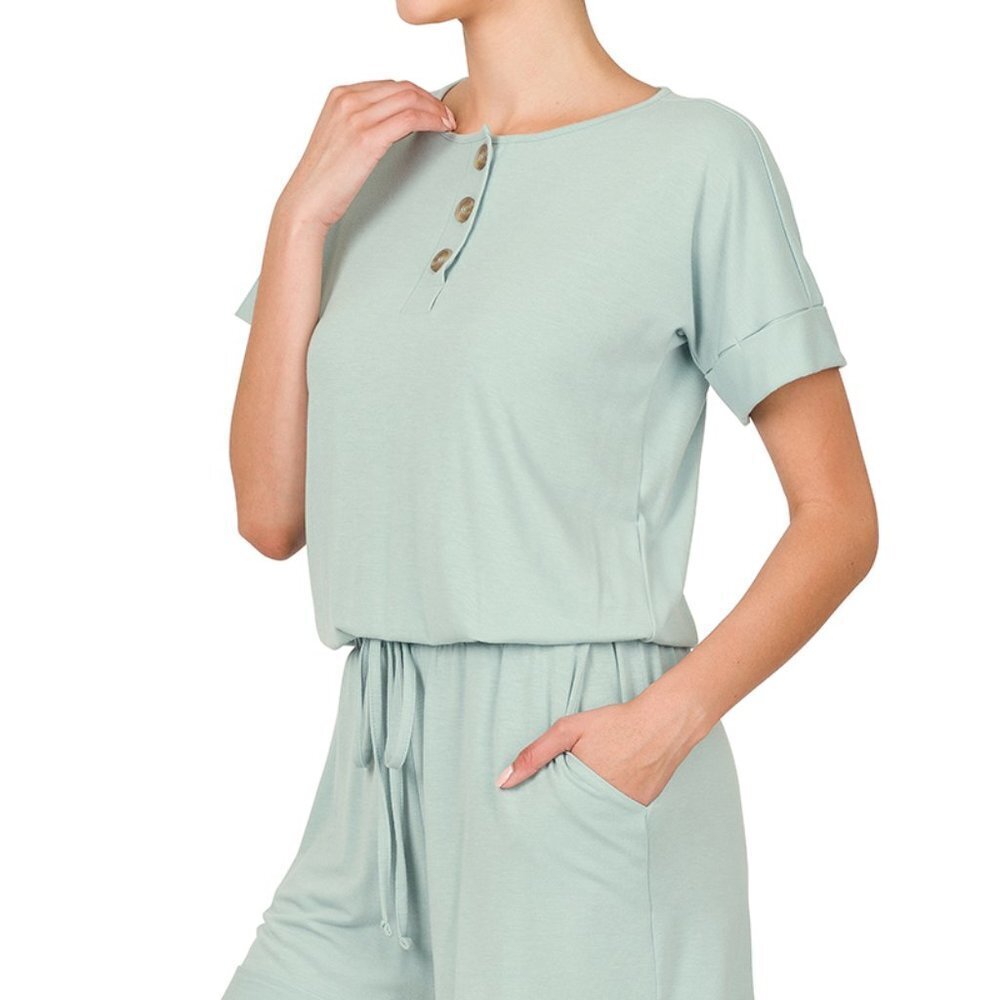 Travel Passions - Light Green Short Sleeve Romper with Pockets - Picture 2 of 2